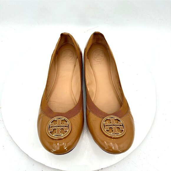 Tory Burch Caroline Women Size 8M Brown Patent Leather Elastic Ballet Flat Shoes - Picture 1 of 12